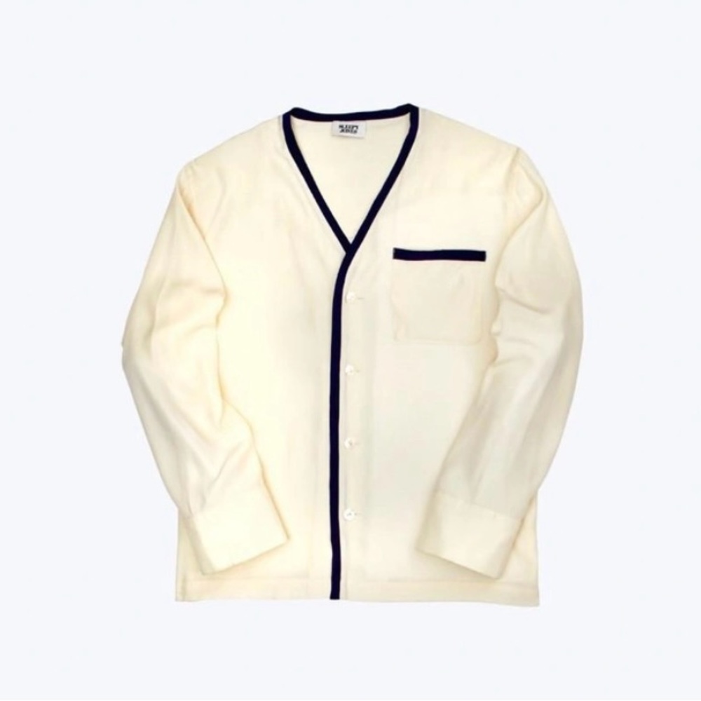 Sleepy Jones Bettina Cardigan In Silk Charmeuse With Navy Accents Cream New — image 2 of 8